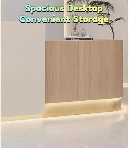BK&MF Modern Reception Desk with Counter and with LED Lights,Small White Front Reception Counter with Storage Open Shelves for Lobbies, Salons,B,140x60x100cm(55x24x39inch) in Saudi Arabia