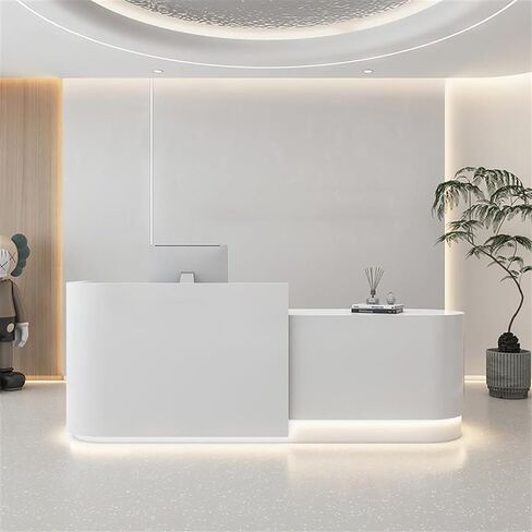 BK&MF Modern Reception Desk with Counter and with LED Lights,Small White Front Reception Counter with Storage Open Shelves for Lobbies, Salons,B,140x60x100cm(55x24x39inch) in Saudi Arabia