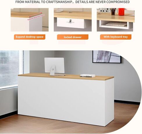 Office Front Desk Reception,L Shaped Checkout Counter Anti-Scratch Modern Small Retail Counter 18mm,Reception Room Table with Cable Grommet/Storage Shelves for Beauty Salon, Lobby C 100 * 60 * 75CM in Saudi Arabia