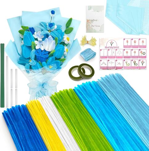 LINAYE 500 PCS Pipe Cleaners Craft, 6 Colors Pipe Cleaners Flowers Kit, Chenille Stems for Crafts with Instruction Wrapping Paper, Flower Stamens, Stems Art and Craft Supplies Blue in Saudi Arabia