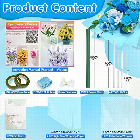 LINAYE 500 PCS Pipe Cleaners Craft, 6 Colors Pipe Cleaners Flowers Kit, Chenille Stems for Crafts with Instruction Wrapping Paper, Flower Stamens, Stems Art and Craft Supplies Blue in Saudi Arabia