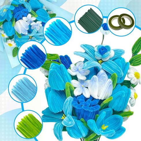 LINAYE 500 PCS Pipe Cleaners Craft, 6 Colors Pipe Cleaners Flowers Kit, Chenille Stems for Crafts with Instruction Wrapping Paper, Flower Stamens, Stems Art and Craft Supplies Blue in Saudi Arabia