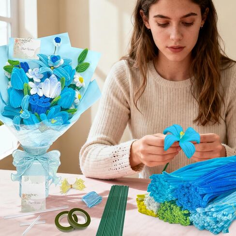 LINAYE 500 PCS Pipe Cleaners Craft, 6 Colors Pipe Cleaners Flowers Kit, Chenille Stems for Crafts with Instruction Wrapping Paper, Flower Stamens, Stems Art and Craft Supplies Blue in Saudi Arabia