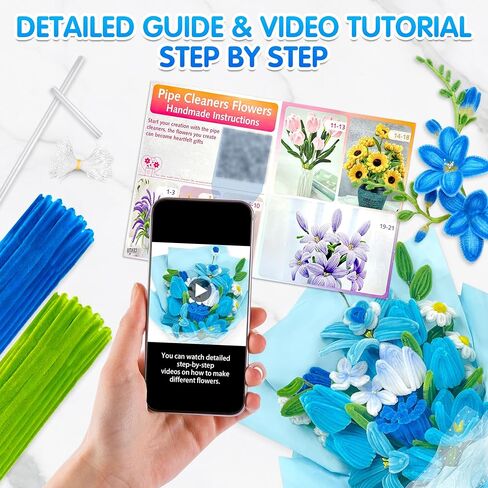 LINAYE 500 PCS Pipe Cleaners Craft, 6 Colors Pipe Cleaners Flowers Kit, Chenille Stems for Crafts with Instruction Wrapping Paper, Flower Stamens, Stems Art and Craft Supplies Blue in Saudi Arabia