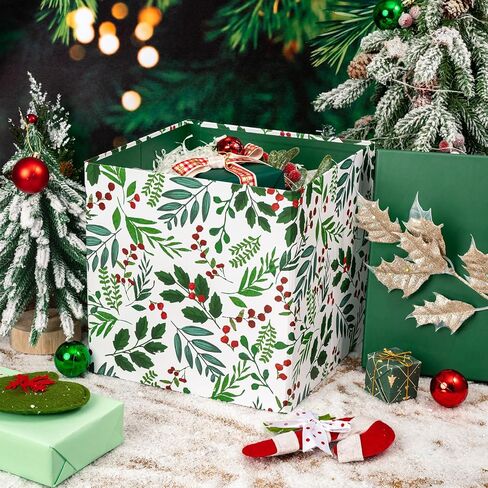 WRAPAHOLIC 9" Christmas Gift Box with Lid - Blue Reindeer and Christmas Tree Design Gift Box and 2 Pcs Tissue Paper for Christmas, Holiday, Party, Gift Giving and More in Kuwait