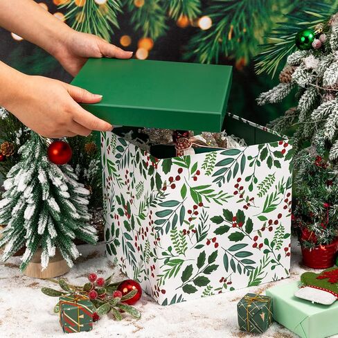 WRAPAHOLIC 9" Christmas Gift Box with Lid - Blue Reindeer and Christmas Tree Design Gift Box and 2 Pcs Tissue Paper for Christmas, Holiday, Party, Gift Giving and More in Kuwait