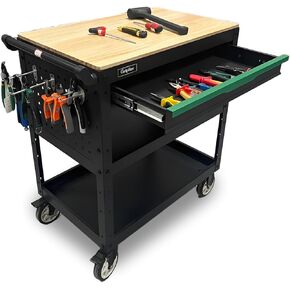 Rolling Tool Cart, 3-Tier Workshop Storage, Black Metal Frame with Wooden Top Workbench, Heavy-Duty Wheels,330LB Load Capacity Organizer Cabinet for Garage, Warehouse, Repair Shop in Saudi Arabia