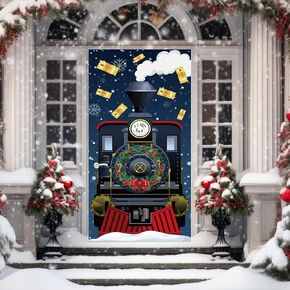 2 Pcs Christmas Express Train Door Banner Xmas Vintage Express Train Door Cover Classroom Christmas North Pole Porch Backdrop Holiday Classroom Office Home Party (Locomotive Carriage) in Saudi Arabia
