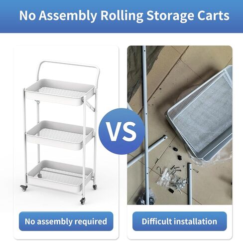 JAQ Foldable Rolling Cart, 3-Tier Metal Small Folding Storage Utility Carts Basket Rack Organizer with Handle on Wheels for Snacks Books Fruits for Kitchen Laundry Room Bathroom - (White, 3-Layer) in Saudi Arabia