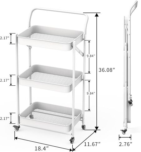 JAQ Foldable Rolling Cart, 3-Tier Metal Small Folding Storage Utility Carts Basket Rack Organizer with Handle on Wheels for Snacks Books Fruits for Kitchen Laundry Room Bathroom - (White, 3-Layer) in Saudi Arabia