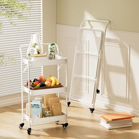 JAQ Foldable Rolling Cart, 3-Tier Metal Small Folding Storage Utility Carts Basket Rack Organizer with Handle on Wheels for Snacks Books Fruits for Kitchen Laundry Room Bathroom - (White, 3-Layer) in Saudi Arabia