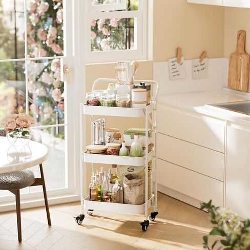 JAQ Foldable Rolling Cart, 3-Tier Metal Small Folding Storage Utility Carts Basket Rack Organizer with Handle on Wheels for Snacks Books Fruits for Kitchen Laundry Room Bathroom - (White, 3-Layer) in Saudi Arabia