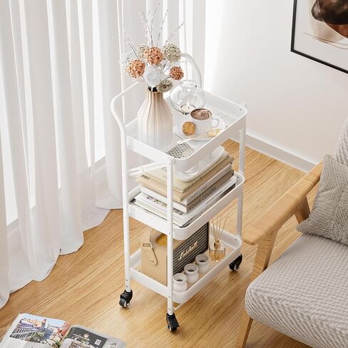 JAQ Foldable Rolling Cart, 3-Tier Metal Small Folding Storage Utility Carts Basket Rack Organizer with Handle on Wheels for Snacks Books Fruits for Kitchen Laundry Room Bathroom - (White, 3-Layer) in Saudi Arabia