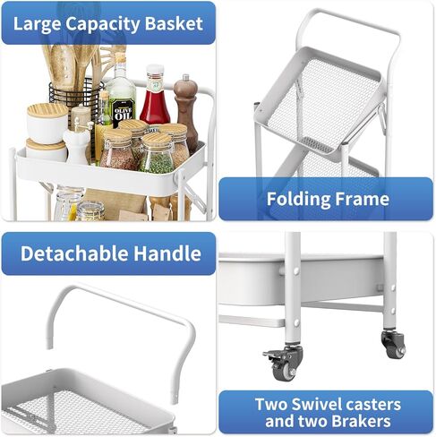 JAQ Foldable Rolling Cart, 3-Tier Metal Small Folding Storage Utility Carts Basket Rack Organizer with Handle on Wheels for Snacks Books Fruits for Kitchen Laundry Room Bathroom - (White, 3-Layer) in Saudi Arabia