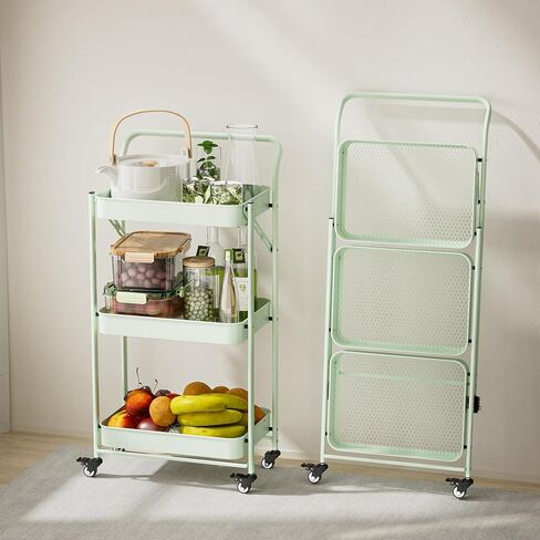 JAQ Foldable Rolling Cart, 3-Tier Metal Small Folding Storage Utility Carts Basket Rack Organizer with Handle on Wheels for Snacks Books Fruits for Kitchen Laundry Room Bathroom - (White, 3-Layer) in Saudi Arabia