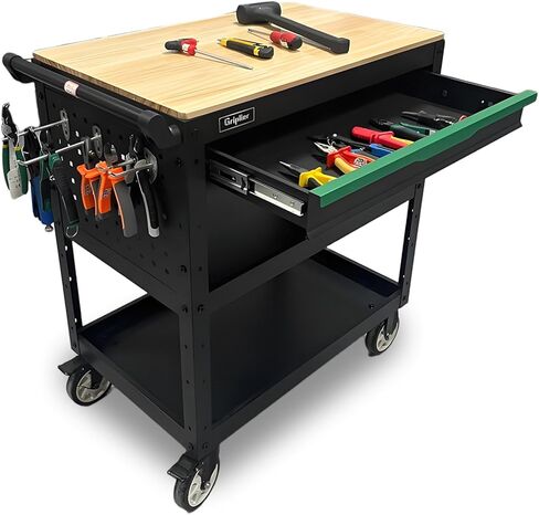 Rolling Tool Cart, 3-Tier Workshop Storage, Black Metal Frame with Wooden Top Workbench, Heavy-Duty Wheels,330LB Load Capacity Organizer Cabinet for Garage, Warehouse, Repair Shop in Saudi Arabia