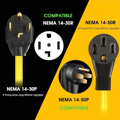 سلك محول شاحن NEMA 14-30P إلى 14-50R EV، 125V/250V 4 منفذ مجفف على الطراز الحديث (ما بعد 1996) إلى قابس شاحن EV القياسي 14-50، وليس لـ RV، ETL مدرج (10FT) in Kuwait
