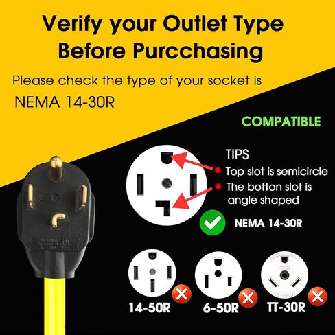 سلك محول شاحن NEMA 14-30P إلى 14-50R EV، 125V/250V 4 منفذ مجفف على الطراز الحديث (ما بعد 1996) إلى قابس شاحن EV القياسي 14-50، وليس لـ RV، ETL مدرج (10FT) in Kuwait