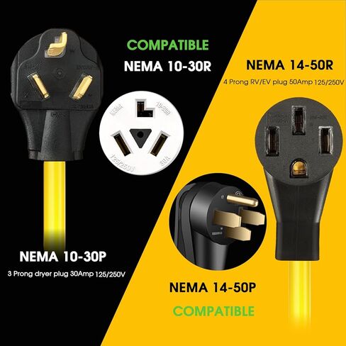 سلك محول شاحن NEMA 14-30P إلى 14-50R EV، 125V/250V 4 منفذ مجفف على الطراز الحديث (ما بعد 1996) إلى قابس شاحن EV القياسي 14-50، وليس لـ RV، ETL مدرج (10FT) in Kuwait