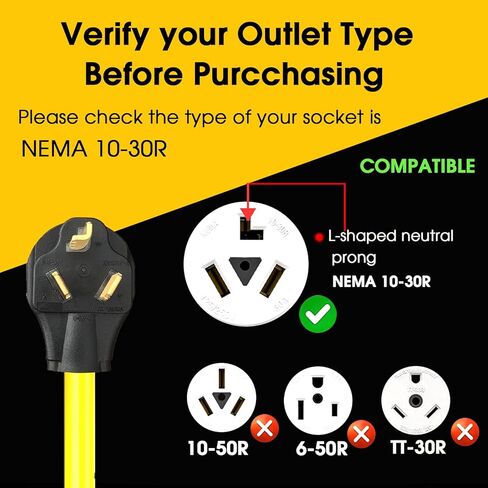 سلك محول شاحن NEMA 14-30P إلى 14-50R EV، 125V/250V 4 منفذ مجفف على الطراز الحديث (ما بعد 1996) إلى قابس شاحن EV القياسي 14-50، وليس لـ RV، ETL مدرج (10FT) in Kuwait