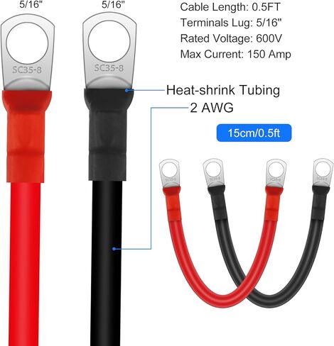 Linkstyle 2 قطعة كابلات بطارية قياس 2AWG، 15 سم / 6 بوصة 12 فولت أسلاك عاكس طاقة البطارية النحاسية، مع أطراف حلقة العروات 5/16 بوصة in Kuwait