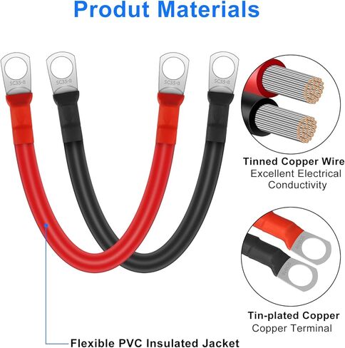 Linkstyle 2 قطعة كابلات بطارية قياس 2AWG، 15 سم / 6 بوصة 12 فولت أسلاك عاكس طاقة البطارية النحاسية، مع أطراف حلقة العروات 5/16 بوصة in Kuwait