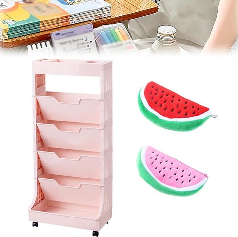 Cute 6-Tier Mobile Bookshelf Cart with Wheels - Rolling Storage Rack for Classroom & Home Plastic Yellow 5-Tier Bookshelf Portable for Kids & Adults in Saudi Arabia