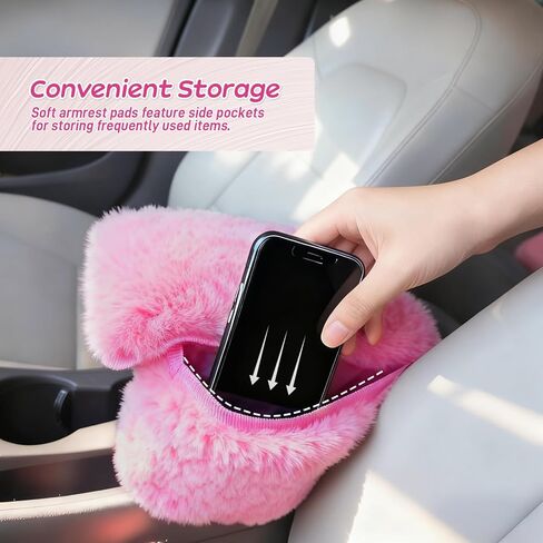 Fluffy Car Armrest Cover with Side Pockets – Plush Fuzzy Fur Center Console Armrest Cushion Pad, Universal Winter Car Interior Protector, Soft Arm Rest Cover with Storage for Women & Men (BLACK) in Saudi Arabia