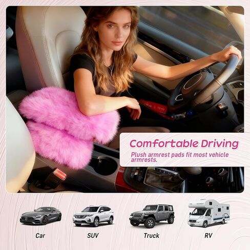Fluffy Car Armrest Cover with Side Pockets – Plush Fuzzy Fur Center Console Armrest Cushion Pad, Universal Winter Car Interior Protector, Soft Arm Rest Cover with Storage for Women & Men (BLACK) in Saudi Arabia