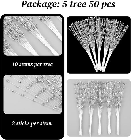 String Pearl Sticks Pearls for Wedding Decor, 50PCS Christmas Garland 4mm Pearls String Beaded Bouquet Spray Filler Floral Arrangements Picks for Bridal Flower Bouquet DIY Party Table Decor Corsage in Saudi Arabia