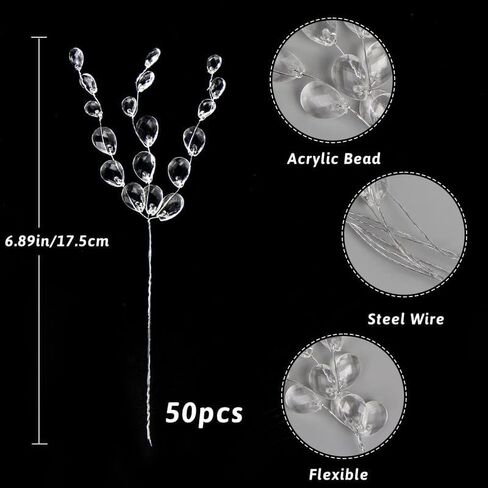 50pcs Acrylic Bead Drop Stems Flower Bouquet Crystal Bud Branches Flower Twig Pick for Wedding Home Decoration Floral Decor Craft Supply in Saudi Arabia