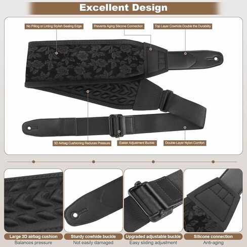 Guitar Strap and Bass Strap, Embroidered Guitar Strap, Adjustable Strap Length, Equipped with 3D Sponge Filled Foam Pad, Comes with 4 Picks + 2 Strap Locks, Best Gift for Guitar Players, Vintage Red in Saudi Arabia