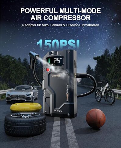 Jump Starter مع ضاغط هواء، صندوق القفز 5 في 1، 2500A Peak 150PSI حزمة بطارية Jump Starter مع منفاخ إطارات رقمي، شاحن بطارية السيارة محمول لغاز 8.5 لتر أو ديزل 7.0 لتر in Kuwait