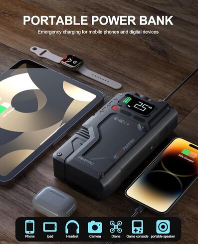 Jump Starter مع ضاغط هواء، صندوق القفز 5 في 1، 2500A Peak 150PSI حزمة بطارية Jump Starter مع منفاخ إطارات رقمي، شاحن بطارية السيارة محمول لغاز 8.5 لتر أو ديزل 7.0 لتر in Kuwait