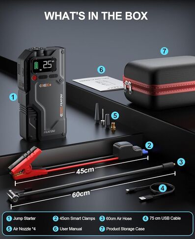 Jump Starter مع ضاغط هواء، صندوق القفز 5 في 1، 2500A Peak 150PSI حزمة بطارية Jump Starter مع منفاخ إطارات رقمي، شاحن بطارية السيارة محمول لغاز 8.5 لتر أو ديزل 7.0 لتر in Kuwait