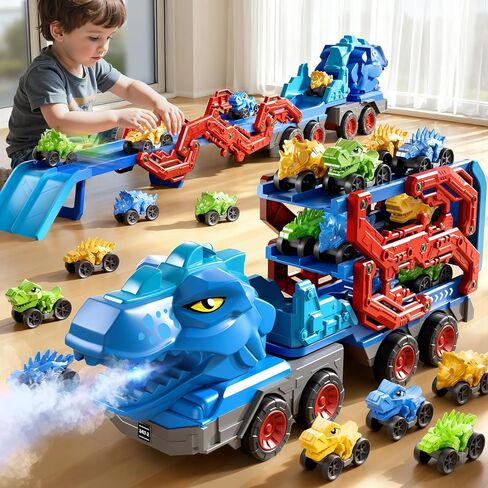 Toddler Car Truck Toys for Kids Ages 3-5, 10-in-1 Dinosaur Carrier Truck with Foldable Track Toys with Spray, Light & Sounds and 9 Dino Cars, Birthday Gift for 3 4 5 6 7 8 Years Old Boys Girls in Kuwait