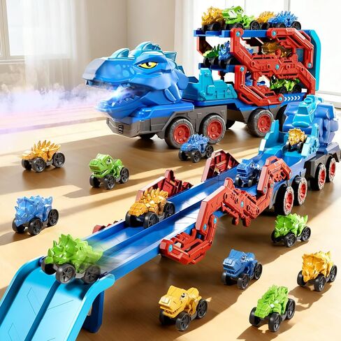 Toddler Car Truck Toys for Kids Ages 3-5, 10-in-1 Dinosaur Carrier Truck with Foldable Track Toys with Spray, Light & Sounds and 9 Dino Cars, Birthday Gift for 3 4 5 6 7 8 Years Old Boys Girls in Kuwait