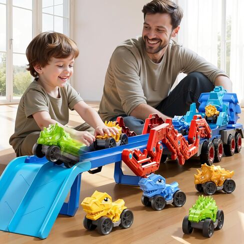 Toddler Car Truck Toys for Kids Ages 3-5, 10-in-1 Dinosaur Carrier Truck with Foldable Track Toys with Spray, Light & Sounds and 9 Dino Cars, Birthday Gift for 3 4 5 6 7 8 Years Old Boys Girls in Kuwait