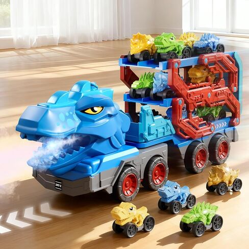Toddler Car Truck Toys for Kids Ages 3-5, 10-in-1 Dinosaur Carrier Truck with Foldable Track Toys with Spray, Light & Sounds and 9 Dino Cars, Birthday Gift for 3 4 5 6 7 8 Years Old Boys Girls in Kuwait