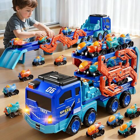 Toddler Car Truck Toys for Kids Ages 3-5, 10-in-1 Dinosaur Carrier Truck with Foldable Track Toys with Spray, Light & Sounds and 9 Dino Cars, Birthday Gift for 3 4 5 6 7 8 Years Old Boys Girls in Kuwait