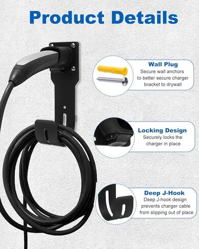 AutoEC Charger Holder Wall Mount Dock and J-Hook Compatible with Model 3/Y/X/S, Heavy Duty Steel EV Charging Cord Hanger Fit for NACS Connector in Kuwait