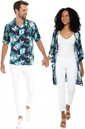 Matchable Couple Hawaiian Luau Shirt or Kimono in Orchid Breeze Navy in Saudi Arabia