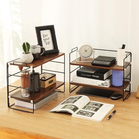 KATHY&BOB Wood Desk Shelf Organizer, 2-Tier Desktop Supplies Storage Rack, Adjustable Stackable Desk Shelf for Office, Kitchen, Bathroom, 15.75"*12.2"*7.87" (2 Sets) in Kuwait