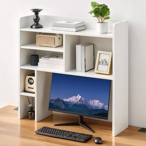 TUKAILAi Desktop Bookshelf Organizer, Countertop Storage Hutch with 7 Shelves for Desk, Dorm Desk Hutch Wood Display Rack for Home Office (White) in Saudi Arabia