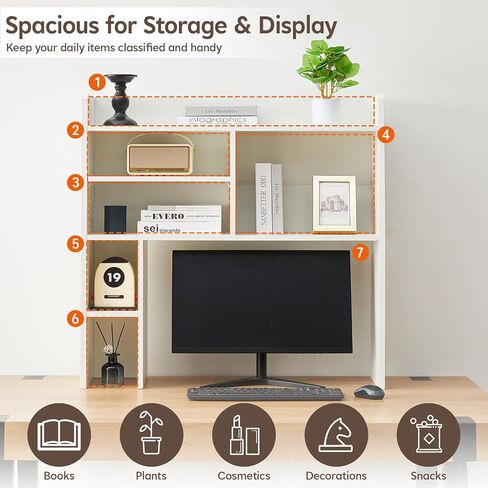 TUKAILAi Desktop Bookshelf Organizer, Countertop Storage Hutch with 7 Shelves for Desk, Dorm Desk Hutch Wood Display Rack for Home Office (White) in Saudi Arabia