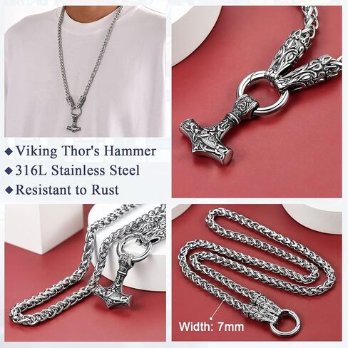 FaithHeart Men Punk Norse Viking Necklace Chunky Necklace, Stainless Steel Mjolnir/Celtic Knot Wolf Head Chain Pendant Amulet Jewelry Gift Packaging in Kuwait