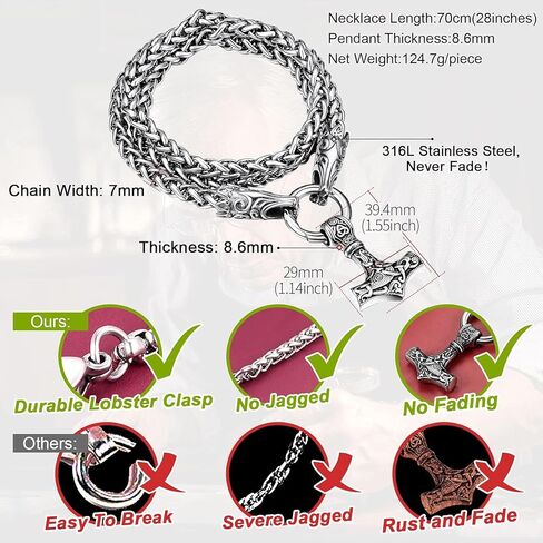 FaithHeart Men Punk Norse Viking Necklace Chunky Necklace, Stainless Steel Mjolnir/Celtic Knot Wolf Head Chain Pendant Amulet Jewelry Gift Packaging in Kuwait