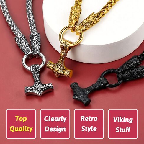 FaithHeart Men Punk Norse Viking Necklace Chunky Necklace, Stainless Steel Mjolnir/Celtic Knot Wolf Head Chain Pendant Amulet Jewelry Gift Packaging in Kuwait