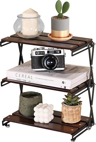 منظم أرفف المكتب 3 طبقات من الخشب المضغوط منظم مكتبي للتخزين بإطار معدني منظم أرفف المكتب، خشب الجوز in Kuwait