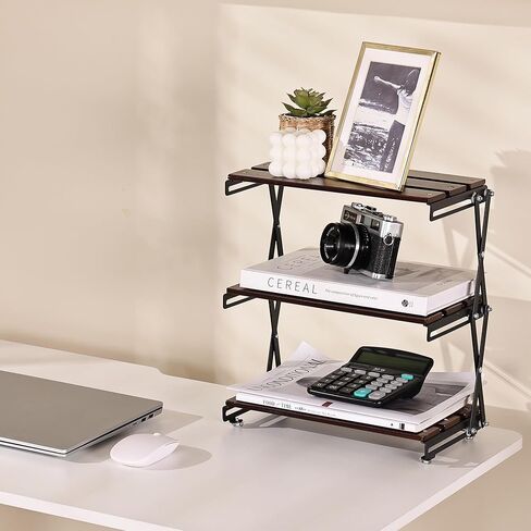 منظم أرفف المكتب 3 طبقات من الخشب المضغوط منظم مكتبي للتخزين بإطار معدني منظم أرفف المكتب، خشب الجوز in Kuwait